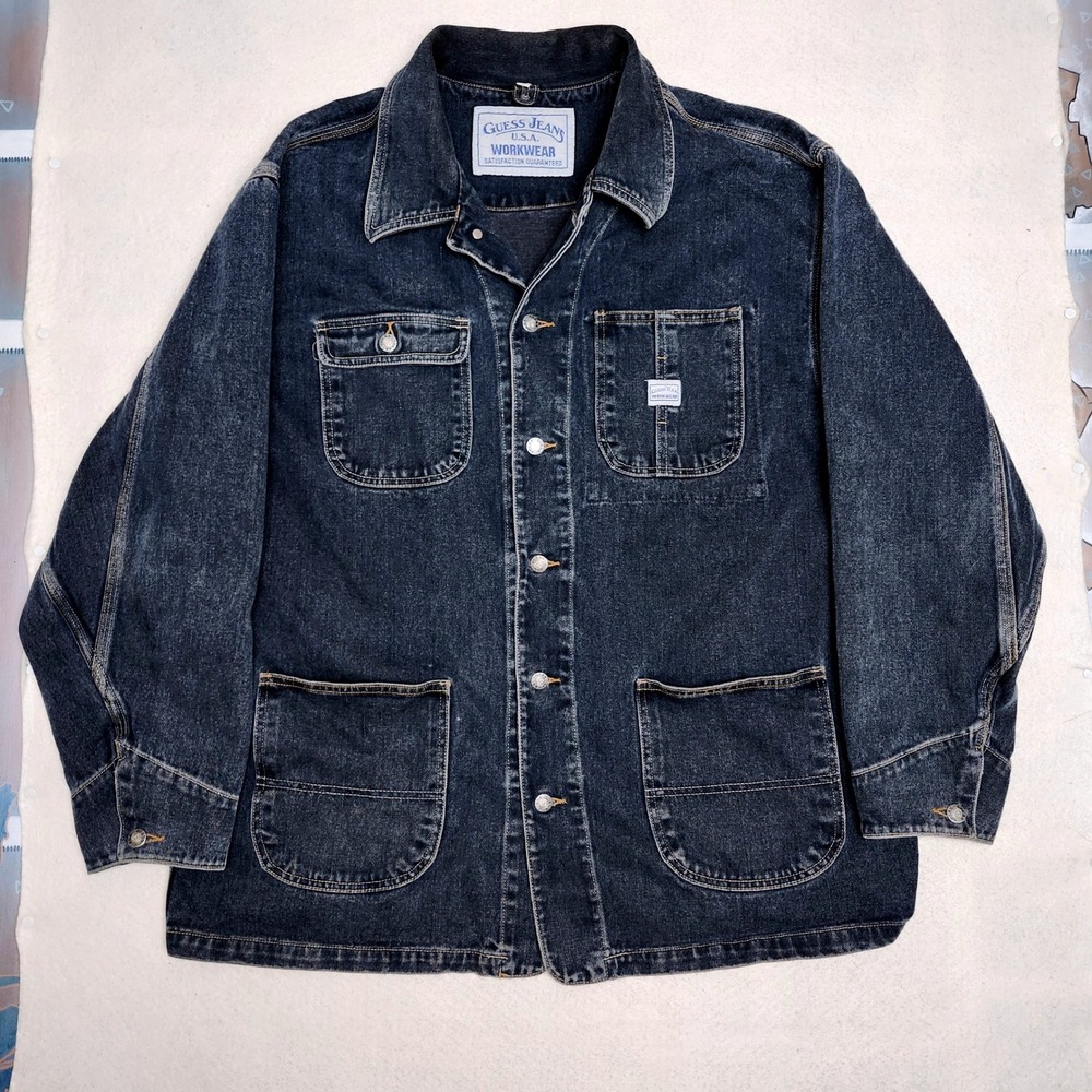Vintage Guess Jeans USA Chore Coat Mens XL+ 90s Workwear Dark Wash Denim Boxy